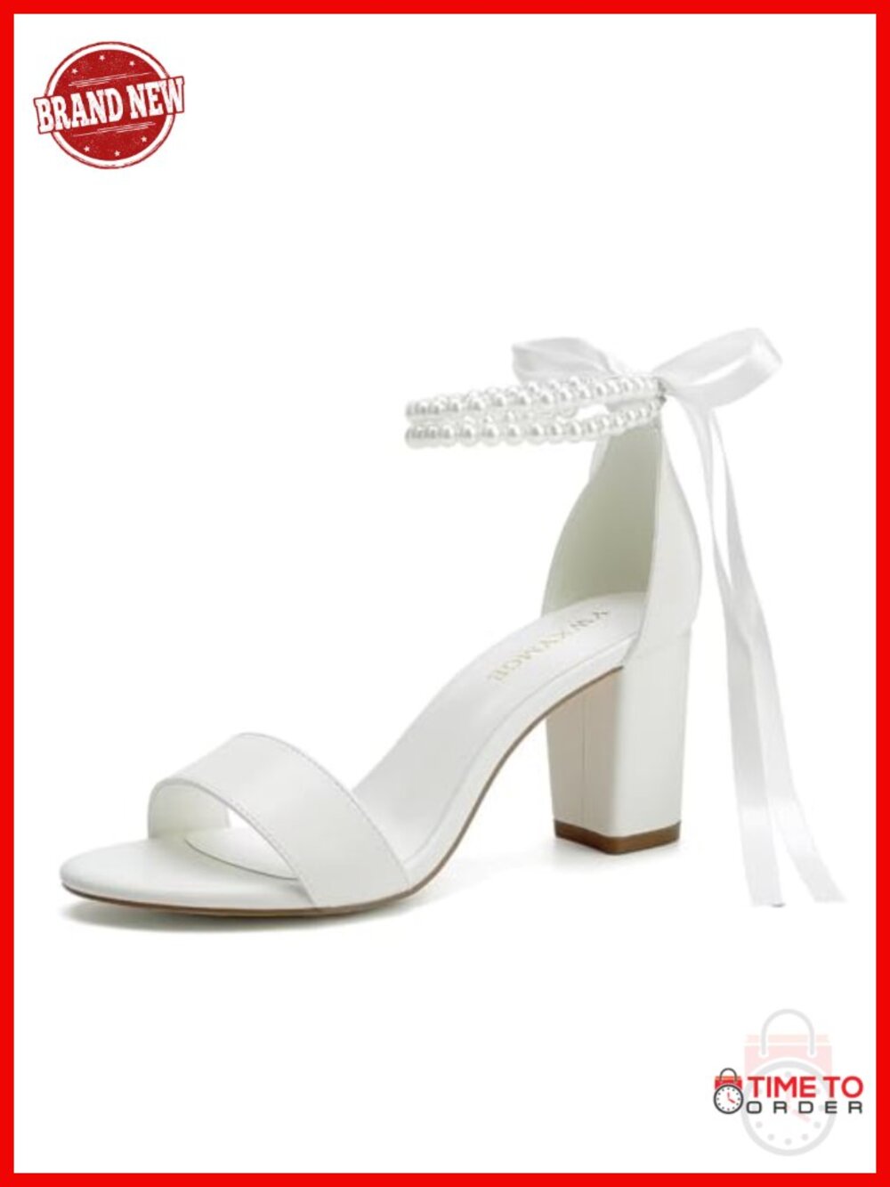 Pearl Block Heel Wedding Sandals Faux Leather Ankle Strap Bride Heels